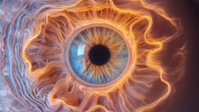 Close up of human eye with detailed iris and surrounding fiery patterns