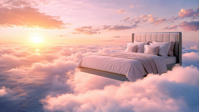 Comfortable bed floating among soft pink and purple clouds at sunset