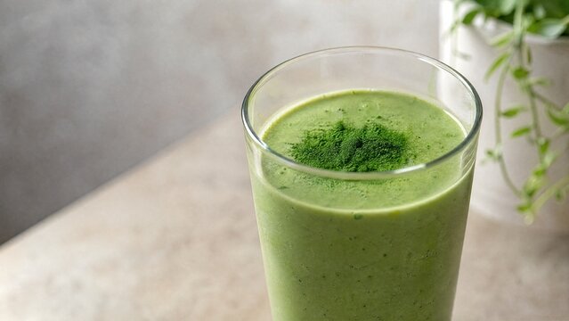 chlorella. A glass of green smoothie with chlorella powder sprinkled on top. bar promotions, beverage menus, designed for food & beverage menus and cafe branding, used by it administrators.