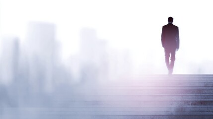 Naklejka na ściany i meble rear view businessman climbing stairs toward large city skyline, double exposure effect, ambition and success journey concept