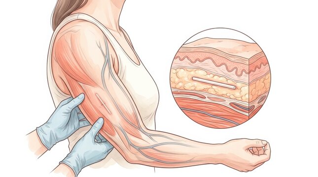 This illustration displays a hand applying pressure on a womans arm, revealing a subdermal implant beneath the skin layers.