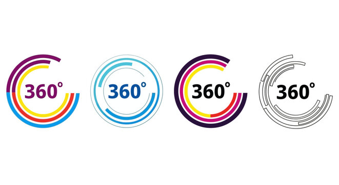 Collection of four circular icons with the text '360&deg;' displayed inside, each with a distinct color scheme and segmented outer ring