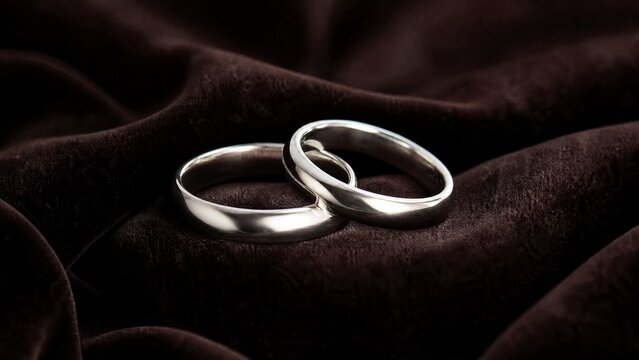 electroluminescence. Two silver wedding bands overlapping on dark velvet fabric. lifestyle magazines, social media lookbooks, designed for lifestyle magazines and social media content.