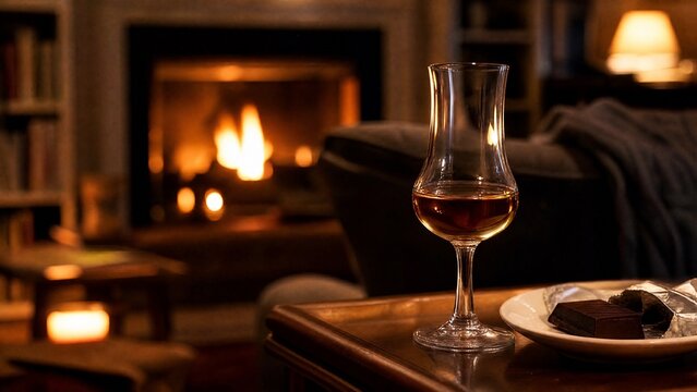 digestif. Cozy living room with a digestif glass and dark chocolate by a fireplace. lifestyle magazines, social media lookbooks, designed for influencer and brand collaborations, inspires lifestyle.