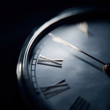 close up wide angle view of clock face, dramatic perspective distortion, detailed timepiece texture, high resolution