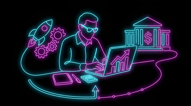 Entrepreneur launching startup with laptop and gears neon