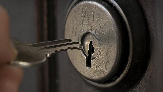 misaligned. A metal key slightly misaligned with a door lock's keyhole in dim light. product launch decks, UI/UX mockups, designed for data visualization dashboards and holographic UIs.