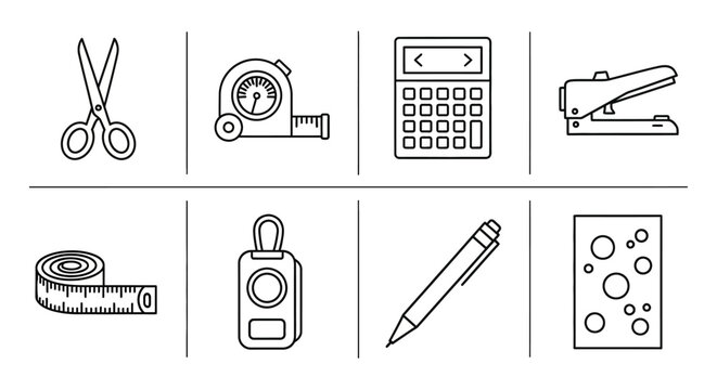 Versatile collection of line art vector icons featuring common everyday office, school, and crafting supplies, ideal for design projects, educational content, or interface elements