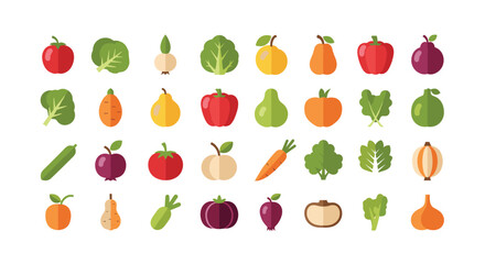 Obraz premium Comprehensive collection of flat fruit and vegetable icons including apple, pear, carrot, pepper, and onion for healthy food design.