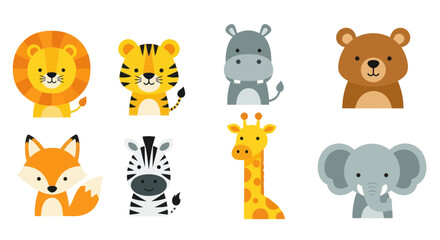 Cute Cartoon Safari Animals Collection: Lion, Tiger, Hippo, Bear, Fox, Zebra, Giraffe, Elephant © Berlin