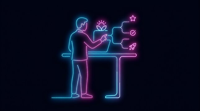 Man planning strategy with digital mind map and rocket