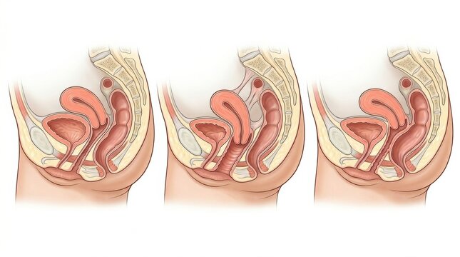 Illustration displays various types of organ prolapse relevant to gynecology and womens health for educational reference in medical studies.
