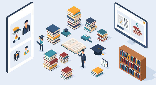 Isometric illustration of digital library with students, computer screens, bookshelves, and stacks of books for online learning.