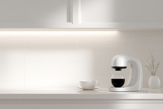 sleek white home robot preparing coffee in modern kitchen, artificial intelligence assistant performing daily task, bright minimal interior