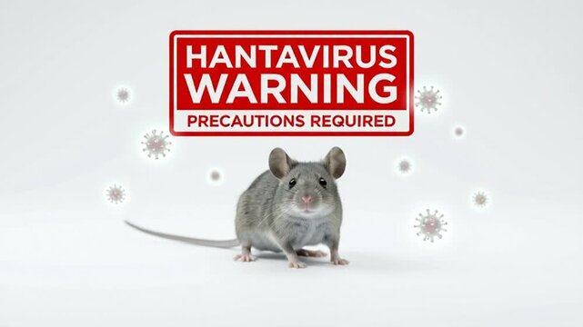 Hantavirus Warning Sign with Mouse and Floating Virus Particles