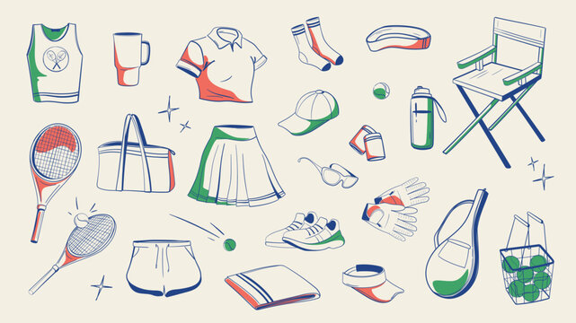 Retro Tennis Apparel and Equipment Vector Seamless Pattern, Hand Drawn Sportswear, Rackets, Balls, Skirt and Uniform Wallpaper.