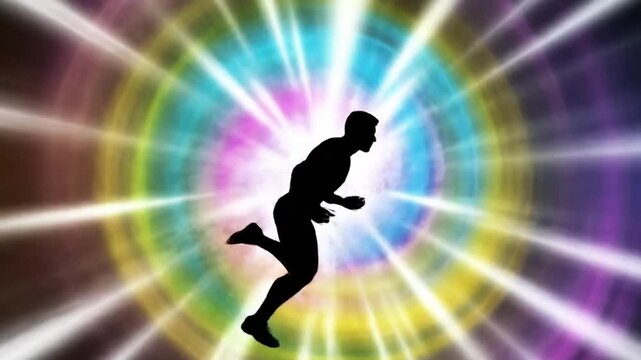 Energetic silhouette of a runner with colorful light streaks and dynamic background, showcasing speed and movement.
