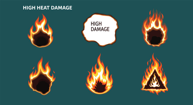High heat damage warning icons featuring burning paper holes with intense orange flames on a dark blue background.