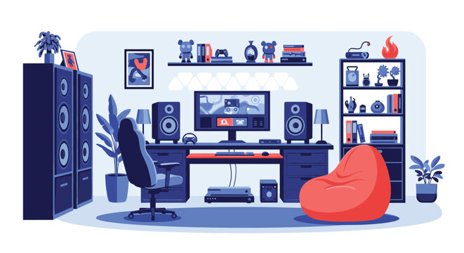 Modern gaming room interior design with high end computer setup, comfortable seating, and stylish decorative shelves.