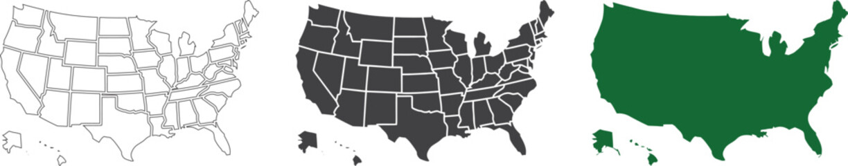 USA map collection with state boundaries outline filled and solid silhouette styles in vector format. Detailed United States geographic maps including Alaska and Hawaii. Clean cartography design  © Parul