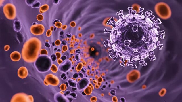 Hantavirus particles moving through bloodstream in purple medical animation, dramatic 4K microscopic view for infection and science visuals