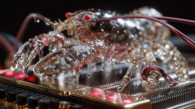Crystal Creature Perched on Motherboard Delivering Dramatic Surreal Technology Fantasy Art