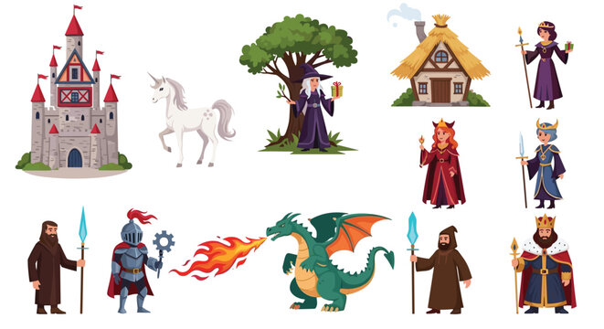 Enchanted fantasy element set including a medieval castle, unicorn, dragon, wizard, and noble medieval characters.