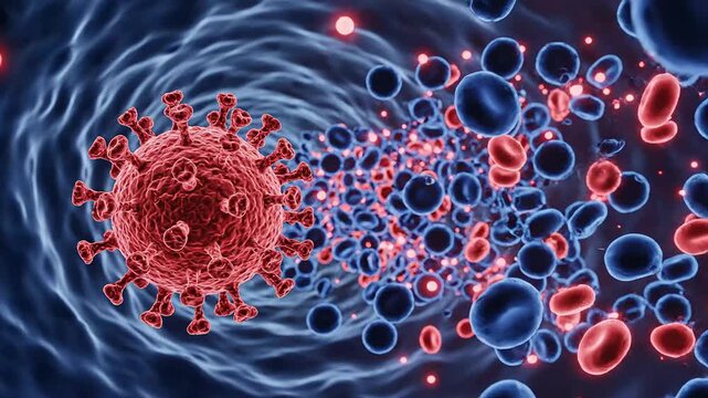 Hantavirus Virus Cells Flowing Through Bloodstream in Dynamic Microscopic Medical Animation 4K for Science and Infection Explainer
