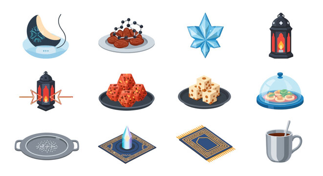 Set of Hanukkah icons with menorah dreidel and holiday symbols