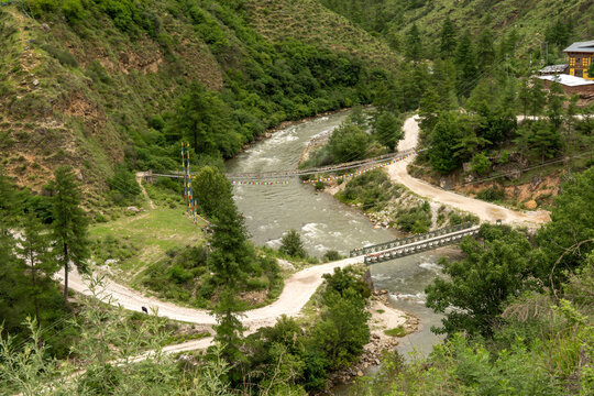 Thimphu Bhutan, view of valley with bridge over river