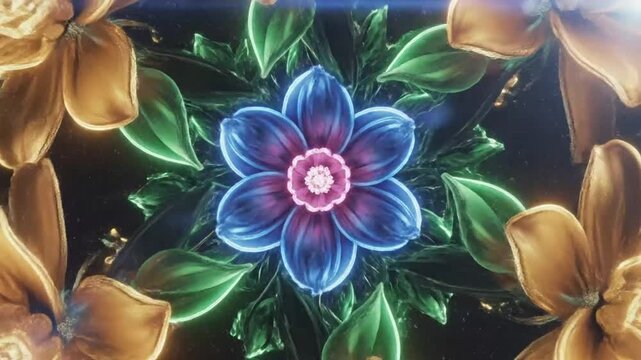 Mesmerizing digital artwork showcasing vibrant glowing neon flower petals and celestial floral designs in a night sky