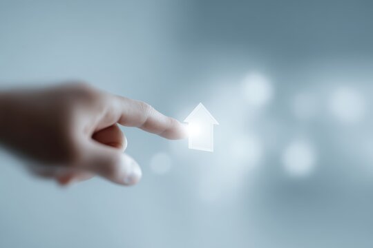hand controlling smart home automation system on futuristic touchscreen interface, internet of things technology and modern house management concept