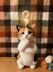 Fototapeta premium Needle felted tricolor cat with a question mark