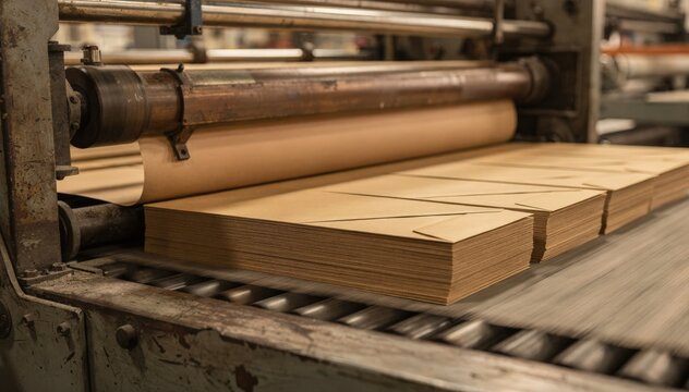 Medium shot of highspeed envelope converter cutting thick kraft paper into uniform pieces for durable mailing envelopes.