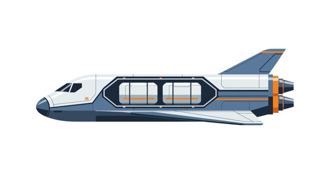 Illustration of a futuristic space shuttle with open cargo bay