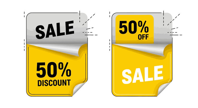 Two bright yellow and white sale discount tags with 50% off offers visible, designed for retail promotions and marketing campaigns, perfect for online stores