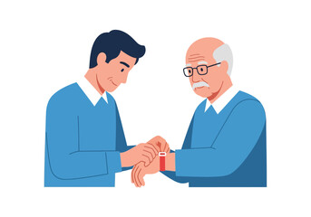 Fototapeta premium Young man giving wristwatch to elderly man in caring gesture