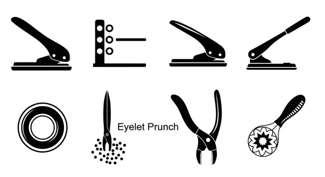 Diverse collection of office and crafting hole punches and eyelet setting tools, featuring various designs for paper, fabric, and DIY projects, presented as detailed black silhouette vector icons