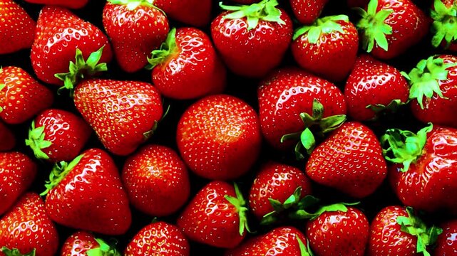 Top view of a group of ripe and fresh whole strawberries with green stems