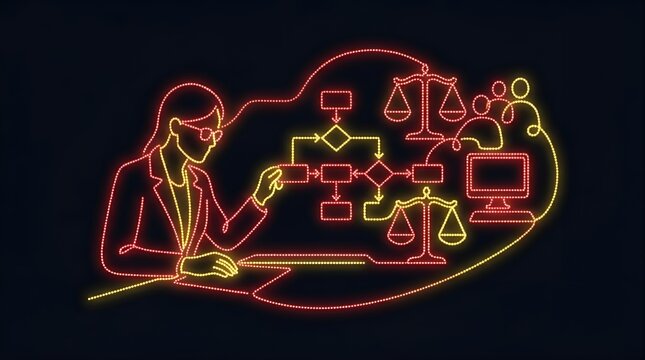 Legal professional analyzing complex business flowcharts and law