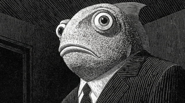 Suited fish with resigned expression in lithograph style for dark corporate satire