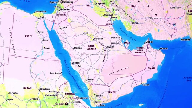 Middle East political map featuring Iran Israel Iraq Saudi Arabia Lebanon Syria Kuwait Qatar Bahrain UAE Jordan Oman regional borders geography