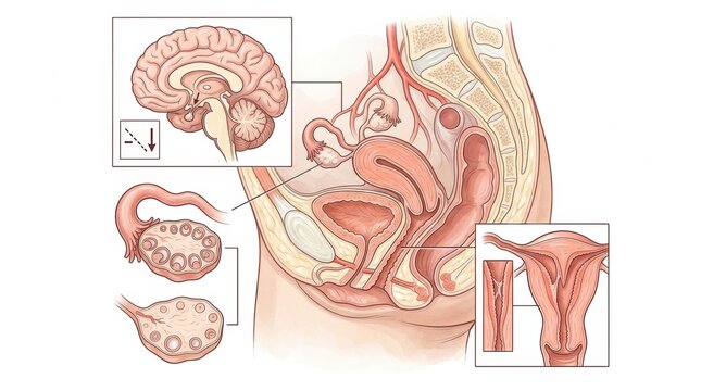 Illustration shows key parts of the female reproductive and urinary systems, aiding understanding of gynecology anatomy and function.