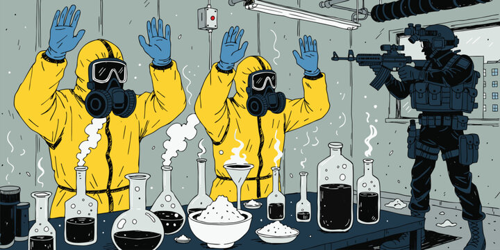 Tactical officer confronting scientists in hazmat suits during a high stakes laboratory security breach and raid
