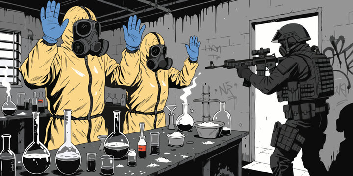 Armed Law Enforcement Officers Raid a Secret Chemical Laboratory with Individuals in Protective Hazmat Suits