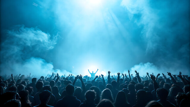 Crowd of silhouetted people with arms raised at a concert with blue lighting and smoke