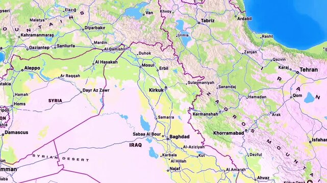 Middle East political map featuring Iran Israel Iraq Saudi Arabia Lebanon Syria Kuwait Qatar Bahrain UAE Jordan Oman regional borders geography