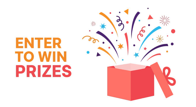 Engaging graphic showcasing a surprise gift box exploding with colorful confetti, ideal for promoting online contests, special offers, and prize-winning opportunities