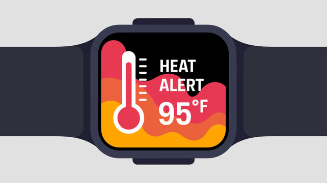 Smartwatch heat alert screen, temperature warning icon, wearable device notification, digital watch face