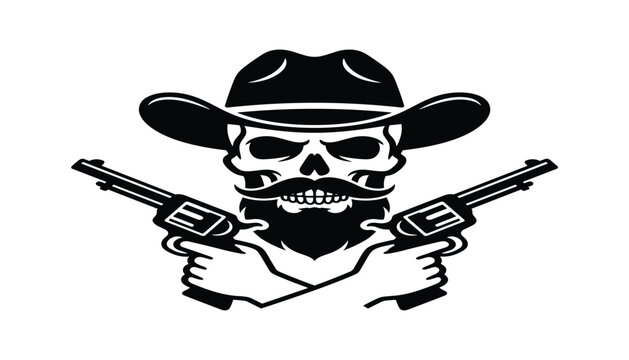 Badass Cowboy Skull Logo with Crossed Revolvers and Beard - Vector Graphic Outlaw Design for T-Shirts and Tattoos